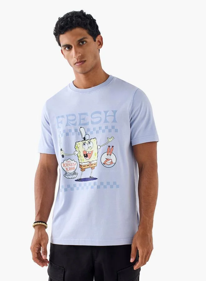 Splash FAV Spongebob Square Pants Print Crew Neck T-shirt with Short Sleeves